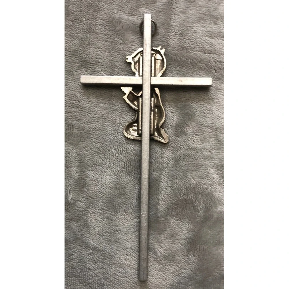Childrens Hanging Nursery Wall Cross‎ w Praying Boy Silver Tone 6